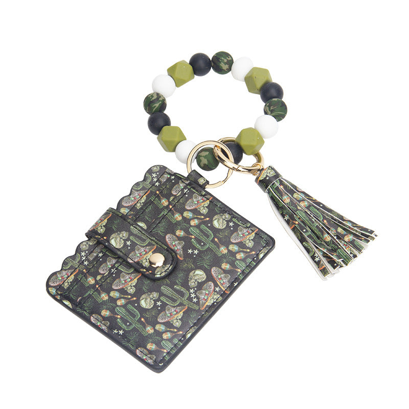 Wholesale Leopard Print Sunflower Card Holder Tassel Silicone Beaded Wrist Keychain